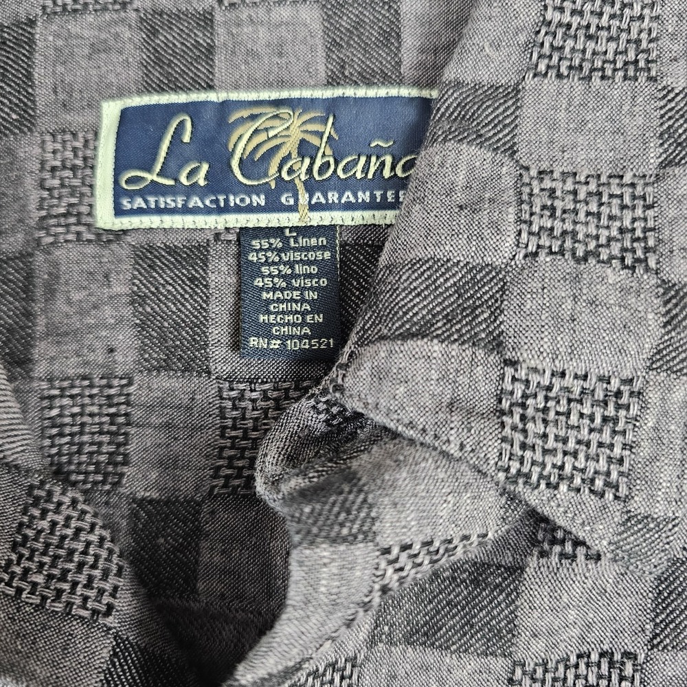 La Cabana Linen Blend Gray Black Check Lounge Shirt Mens L - Picture 2 of 5